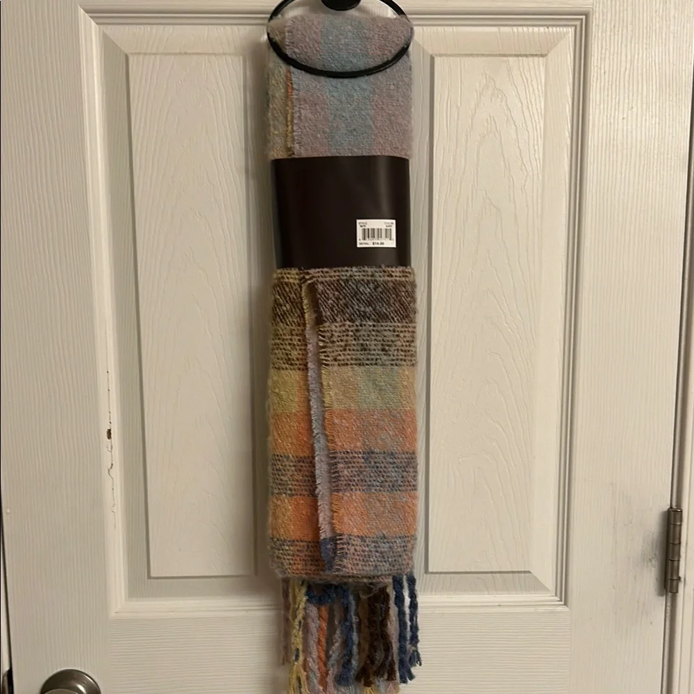 Altare Cream Blue Orange Plaid Muffler Scarf with Fringe Detail